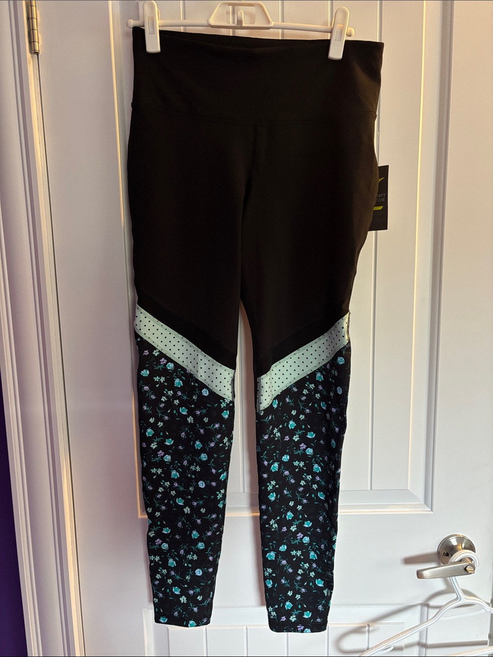 Black Leggings with Mint Floral Panels